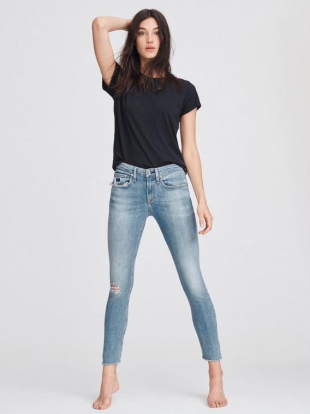 Rag & Bone Cate Mid-Rise Skinny in Cabell with Holes Distressed Raw Hem Size 29